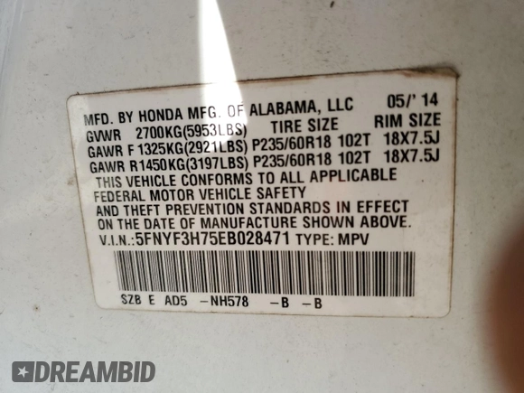2014 Honda Pilot EX-L with VIN 5FNYF3H75EB028471, listed as a Copart auction lot 81344784 with 140,814 mi miles and Salvage Title. Bid and sale history available at DreamBid. Image 15.