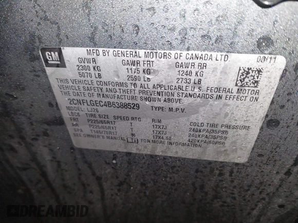 2011 Chevrolet Equinox LTZ with VIN 2CNFLGEC4B6388529, listed as a IAAI auction lot 41601029 with 157,791 mi miles. Bid and sale history available at carsss.com. Image 9.