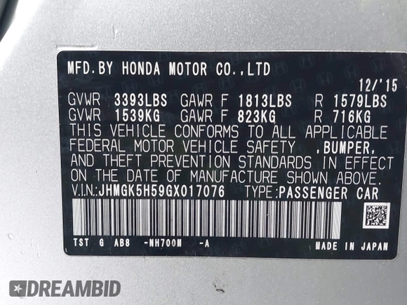 2016 Honda Fit LX with VIN JHMGK5H59GX017076, listed as a IAAI auction lot 41788349 with 83,295 mi miles. Bid and sale history available at carsss.com. Image 9.