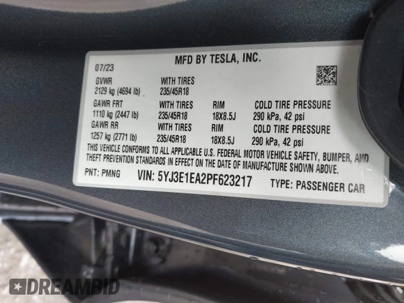 2023 Tesla Model 3 with VIN 5YJ3E1EA2PF623217, listed as a IAAI auction lot 41701413 with 21,246 mi miles and . Bid and sale history available at DreamBid. Image 9.