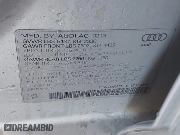 2013 Audi allroad A4 Premium Plus z VIN WA1UFAFL5DA210465, wystawiony jako IAAI lot #42207403 z przebiegiem 217 477 mil mil oraz . Historia ofert i sprzedaży dostępna na DreamBid. Obrazek 9.