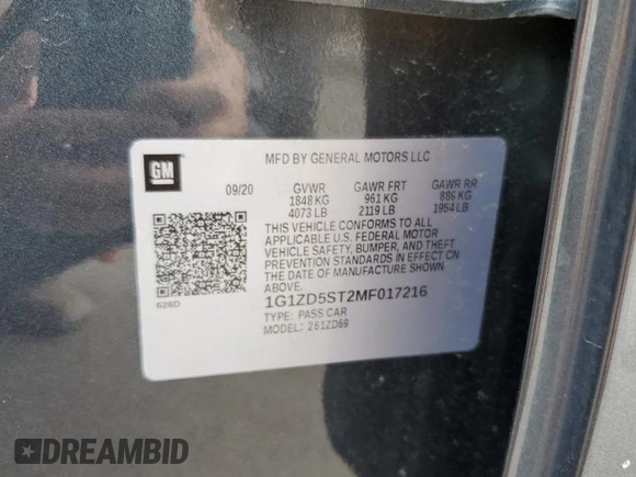 2021 Chevrolet Malibu LT with VIN 1G1ZD5ST2MF017216, listed as a Copart auction lot 55122115 with Not Provided miles and Salvage Title. Bid and sale history available at DreamBid. Image 12.