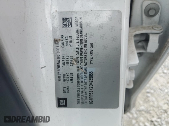 2013 Buick Verano with VIN 1G4PP5SK2D4235855, listed as a Copart auction lot 55751055 with 160,589 mi miles and Salvage title. Bid and sale history available at DreamBid. Image 12.