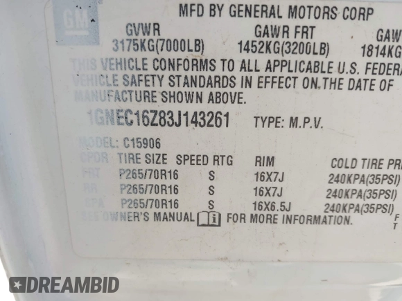 2003 Chevrolet Suburban LT with VIN 1GNEC16Z83J143261, listed as a IAAI auction lot 42065509 with 217,109 mi miles. Bid and sale history available at carsss.com. Image 9.