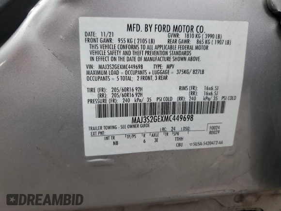 2021 Ford EcoSport SE with VIN MAJ3S2GEXMC449698, listed as a Copart auction lot 52936185 with 18,184 mi miles and Non Repairable. Bid and sale history available at carsss.com. Image 14.
