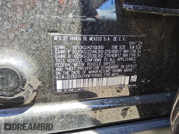 2024 Honda HR-V LX with VIN 3CZRZ1H34RM759966, listed as a Copart auction lot 59620535 with 23,152 mi miles and Clean title. Bid and sale history available at DreamBid. Image 13.