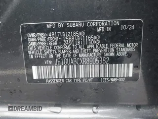 2024 Subaru Impreza with VIN JF1GUABCXR8905382, listed as a IAAI auction lot 41905321 with 3,085 mi miles and . Bid and sale history available at DreamBid. Image 9.