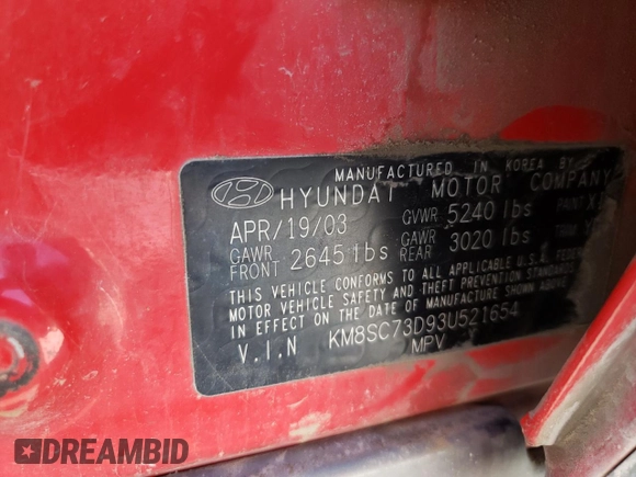 2003 Hyundai Santa Fe GLS with VIN KM8SC73D93U521654, listed as a Copart auction lot 70524074 with 184,939 mi miles and Salvage Title. Bid and sale history available at carsss.com. Image 13.