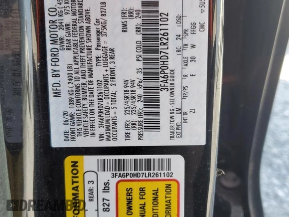 2020 Ford Fusion SE with VIN 3FA6P0HD7LR261102, listed as a Copart auction lot 47469275 with 26,894 mi miles and Salvage Title. Bid and sale history available at carsss.com. Image 12.