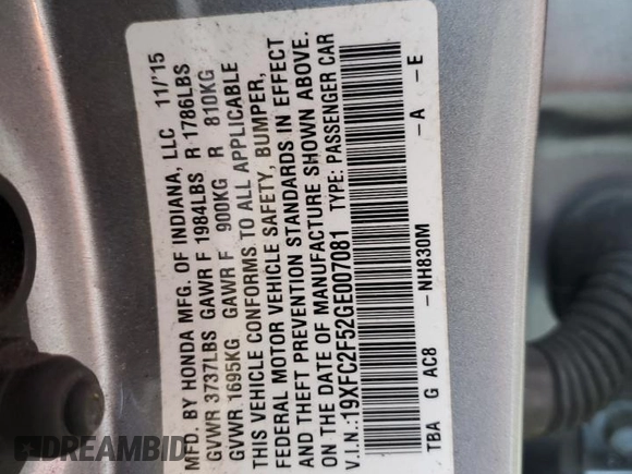 2016 Honda Civic Sedan LX with VIN 19XFC2F52GE007081, listed as a Copart auction lot 76842894 with 172,644 mi miles and Non Repairable. Bid and sale history available at carsss.com. Image 13.