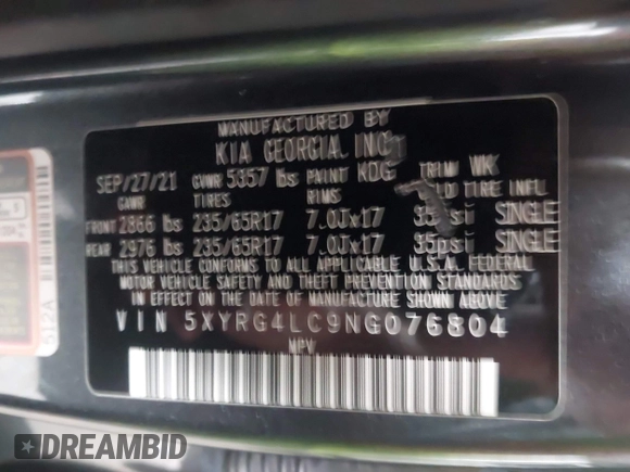 2022 Kia Sorento LX z VIN 5XYRG4LC9NG076804, wystawiony jako IAAI lot #42288908 z przebiegiem 56 750 mil mil oraz . Historia ofert i sprzedaży dostępna na DreamBid. Obrazek 9.