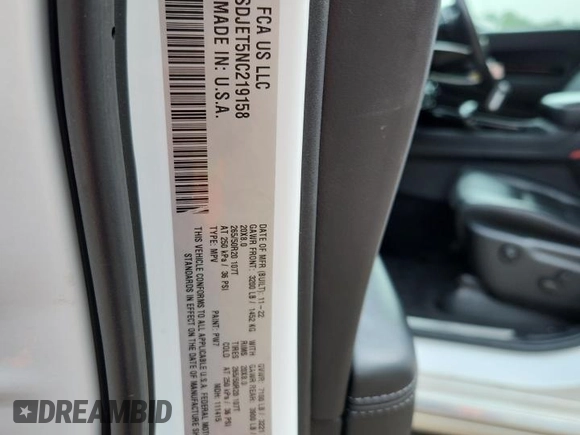 2022 Dodge Durango Citadel с VIN 1C4SDJET5NC219158, выставлен на аукционе Copart как лот 65275775 с пробегом 55 225 миль миль и Списание • Salvage title. История ставок и продаж доступна на DreamBid. Изображение 14.