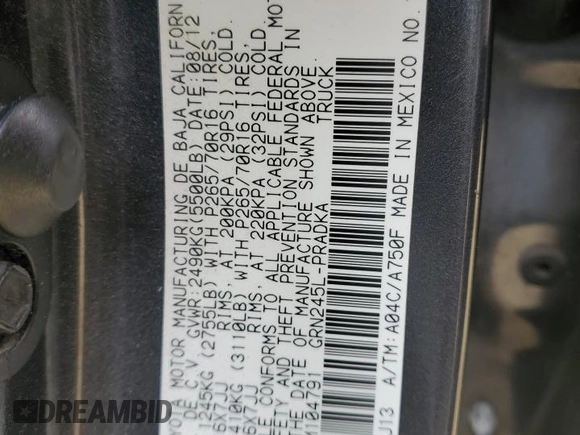 2013 Toyota Tacoma with VIN 3TMLU4EN5DM104791, listed as a Copart auction lot 43207965 with 121,427 mi miles and Salvage Title. Bid and sale history available at DreamBid. Image 12.