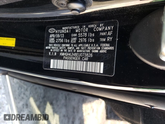 2014 Hyundai Equus Signature with VIN KMHGH4JH8EU073826, listed as a Copart auction lot 52123215 with 144,477 mi miles and Salvage Title. Bid and sale history available at DreamBid. Image 13.
