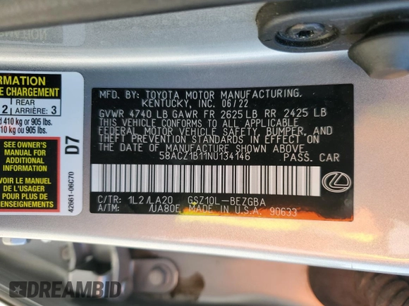 2022 Lexus ES 350 z VIN 58ACZ1B11NU134146, wystawiony jako Copart lot #52334795 z przebiegiem 34 746 mil mil oraz Czysty tytuł • Clean title. Historia ofert i sprzedaży dostępna na DreamBid. Obrazek 12.
