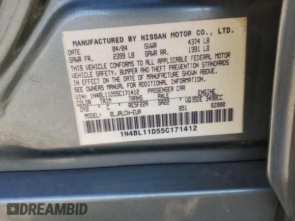 2005 Nissan Altima 3.5 SE with VIN 1N4BL11D55C171412, listed as a Copart auction lot 43170855 with 0 mi miles and Salvage Title. Bid and sale history available at carsss.com. Image 12.