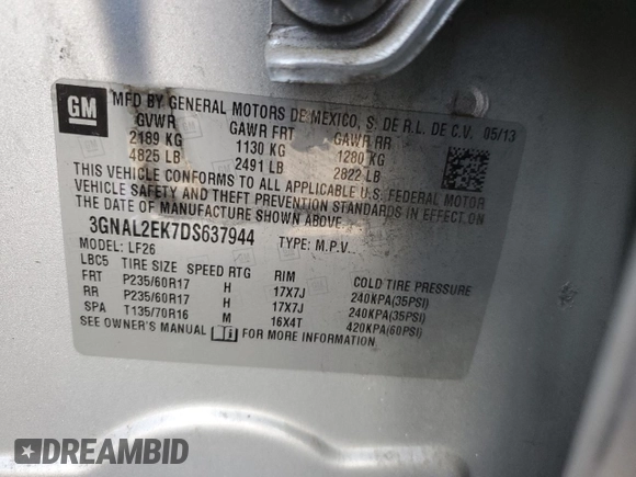 2013 Chevrolet Captiva Sport LS with VIN 3GNAL2EK7DS637944, listed as a Copart auction lot 68570464 with Not Provided miles and Non Repairable. Bid and sale history available at DreamBid. Image 13.