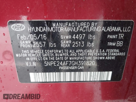 2016 Hyundai Sonata SE z VIN 5NPE24AF7GH391820, wystawiony jako IAAI lot #42015648 z przebiegiem 123 004 mil mil oraz . Historia ofert i sprzedaży dostępna na DreamBid. Obrazek 9.