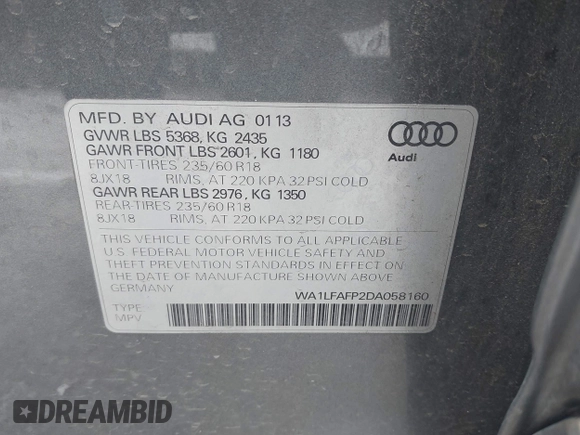 2013 Audi Q5 Premium Plus with VIN WA1LFAFP2DA058160, listed as a IAAI auction lot 42120166 with 111,015 mi miles. Bid and sale history available at carsss.com. Image 9.