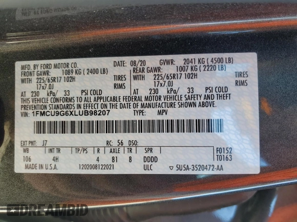 2020 Ford Escape SE with VIN 1FMCU9G6XLUB98207, listed as a Copart auction lot 50071035 with 73,671 mi miles and Salvage Title. Bid and sale history available at carsss.com. Image 13.
