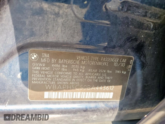 2011 BMW 3 Series 328i with VIN WBAPH5C50BA443612, listed as a Copart auction lot 53496115 with Not Provided miles and Salvage Title. Bid and sale history available at carsss.com. Image 12.