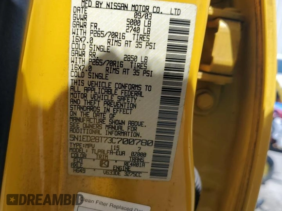 2003 Nissan Xterra XE with VIN 5N1ED28T73C700780, listed as a Copart auction lot 55042955 with 156,592 mi miles and Salvage Title. Bid and sale history available at DreamBid. Image 13.