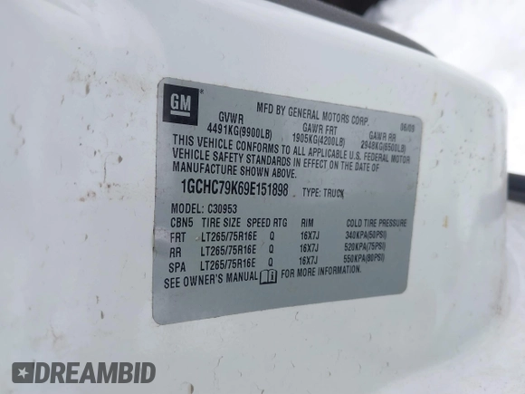 2009 Chevrolet Silverado 3500HD with VIN 1GCHC79K69E151898, listed as a IAAI auction lot 41489796 with 222,025 mi miles and . Bid and sale history available at DreamBid. Image 9.
