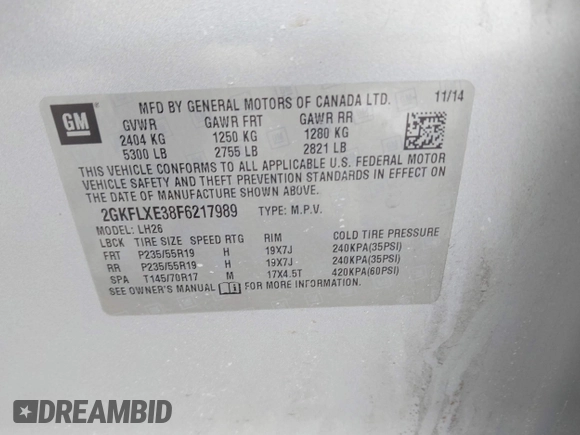 2015 GMC Terrain SLT with VIN 2GKFLXE38F6217989, listed as a IAAI auction lot 41829156 with 97,390 mi miles and . Bid and sale history available at carsss.com. Image 9.