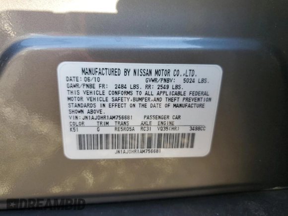 2010 Infiniti EX Journey with VIN JN1AJ0HR1AM756681, listed as a Copart auction lot 78035894 with 82,782 mi miles and Salvage Title. Bid and sale history available at DreamBid. Image 15.