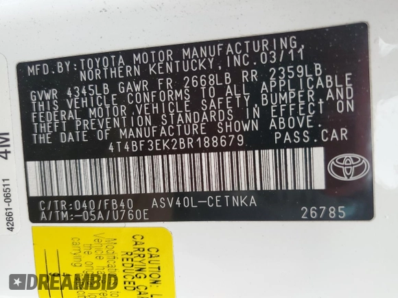 2011 Toyota Camry LE with VIN 4T4BF3EK2BR188679, listed as a Copart auction lot 59556345 with 122,607 mi miles and Salvage title. Bid and sale history available at DreamBid. Image 12.