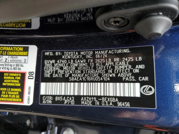 2024 Lexus ES 300h Luxury with VIN 58AEA1C16RU054104, listed as a Copart auction lot 43981705 with 9,196 mi miles and Salvage title. Bid and sale history available at DreamBid. Image 12.