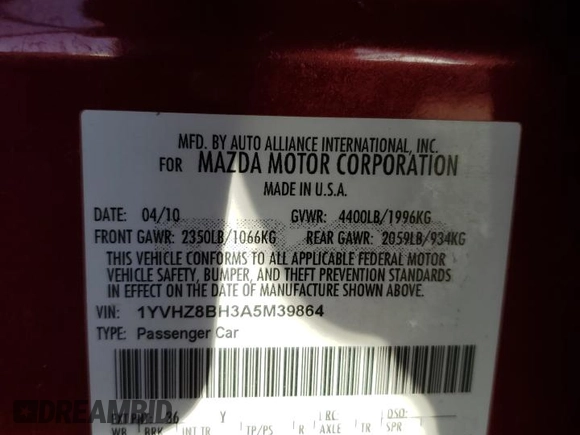 2010 Mazda 6 i Sport with VIN 1YVHZ8BH3A5M39864, listed as a Copart auction lot 55102725 with 173,548 mi miles and Salvage title. Bid and sale history available at DreamBid. Image 13.