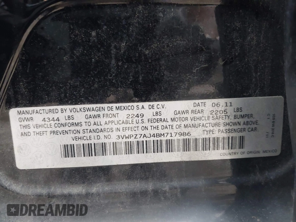 2011 Volkswagen Jetta SE с VIN 3VWPZ7AJ4BM717986, выставлен на аукционе IAAI как лот 42451199 с пробегом 213 710 миль миль и . История ставок и продаж доступна на DreamBid. Изображение 9.