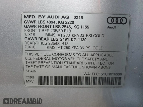 2016 Audi Q3 Premium Plus with VIN WA1EFCFS1GR016996, listed as a Copart auction lot 62118745 with 90,852 mi miles and Salvage title. Bid and sale history available at DreamBid. Image 13.