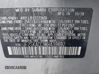 2019 Subaru Forester with VIN JF2SKACC9KH439492, listed as a IAAI auction lot 41570280 with 186,563 mi miles. Bid and sale history available at carsss.com. Image 9.