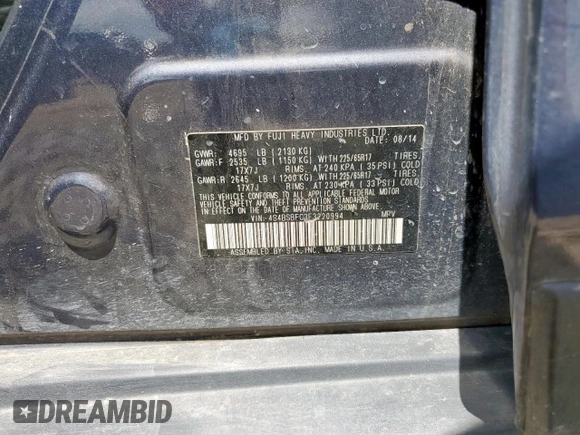 2015 Subaru Outback Premium with VIN 4S4BSBFC3F3220994, listed as a Copart auction lot 62476155 with 193,640 mi miles and Salvage title. Bid and sale history available at DreamBid. Image 14.