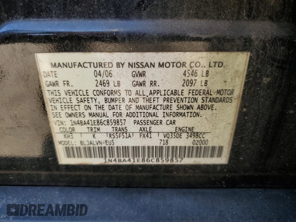 2006 Nissan Maxima 3.5 SE with VIN 1N4BA41E86C859857, listed as a Copart auction lot 76907434 with 0 mi miles and Non Repairable. Bid and sale history available at carsss.com. Image 13.