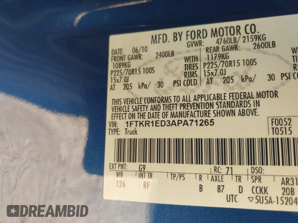 2010 Ford Ranger XL with VIN 1FTKR1ED3APA71265, listed as a IAAI auction lot 41488967 with 225,262 mi miles and . Bid and sale history available at DreamBid. Image 9.