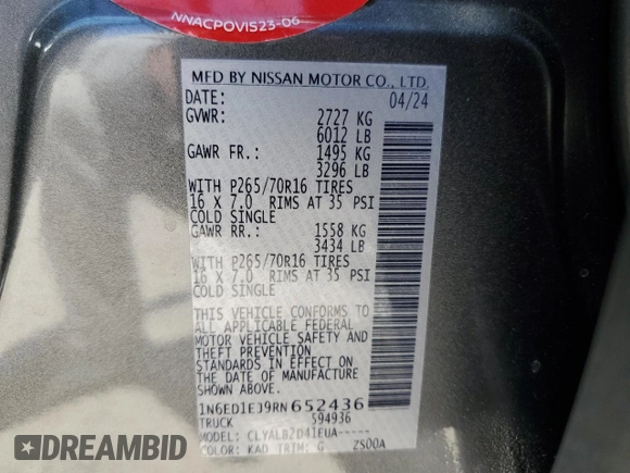2024 Nissan Frontier SV z VIN 1N6ED1EJ9RN652436, wystawiony jako Copart lot #52405525 z przebiegiem Nie podano mil oraz Szkoda całkowita • Salvage title. Historia ofert i sprzedaży dostępna na DreamBid. Obrazek 13.