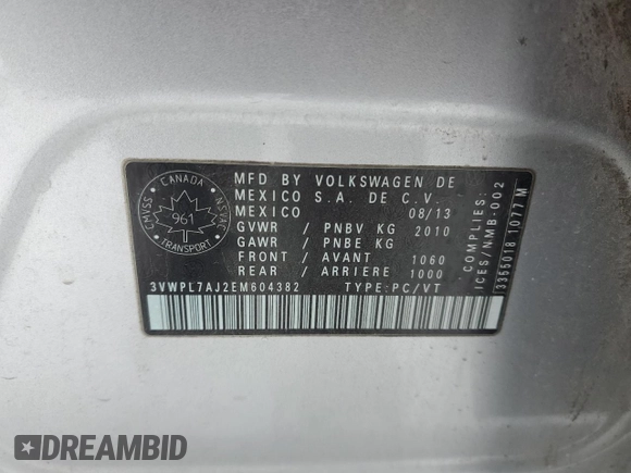 2014 Volkswagen Jetta TDI w/Sunroof with VIN 3VWPL7AJ2EM604382, listed as a Copart auction lot 82899864 with 178,635 mi miles and Salvage title. Bid and sale history available at DreamBid. Image 12.