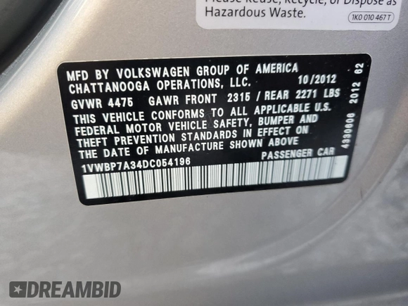 2013 Volkswagen Passat SE w/Sunroof & Nav with VIN 1VWBP7A34DC054196, listed as a Copart auction lot 51770695 with 231,922 mi miles and Clean Title. Bid and sale history available at carsss.com. Image 14.