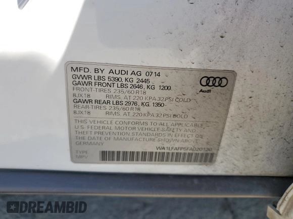2015 Audi Q5 Premium Plus with VIN WA1LFAFP5FA020120, listed as a Copart auction lot 57253915 with 140,505 mi miles and Salvage title. Bid and sale history available at DreamBid. Image 13.