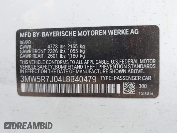 2020 BMW 3 Series 330i xDrive with VIN 3MW5R7J04L8B40479, listed as a IAAI auction lot 42303596 with 44,947 mi miles and . Bid and sale history available at DreamBid. Image 9.