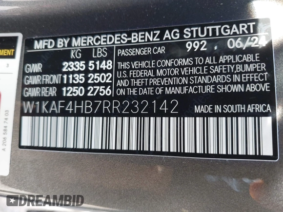 2024 Mercedes-Benz C 300 with VIN W1KAF4HB7RR232142, listed as a IAAI auction lot 41155995 with 1,109 mi miles and . Bid and sale history available at DreamBid. Image 9.