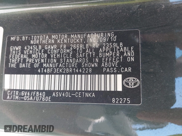 2011 Toyota Camry LE with VIN 4T4BF3EK2BR144228, listed as a IAAI auction lot 41754726 with 124,852 mi miles. Bid and sale history available at carsss.com. Image 9.