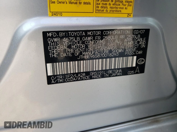 2007 Lexus GS 350 with VIN JTHBE96S870018293, listed as a Copart auction lot 70405674 with 163,924 mi miles and Salvage Title. Bid and sale history available at carsss.com. Image 13.
