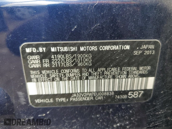 2014 Mitsubishi Lancer SE with VIN JA32V2FW7EU008838, listed as a Copart auction lot 54250055 with 173,592 mi miles and Clean Title. Bid and sale history available at carsss.com. Image 12.
