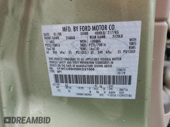 2008 Ford Escape Hybrid with VIN 1FMCU59H58KD21566, listed as a Copart auction lot 51238325 with 34,288 mi miles and Salvage title. Bid and sale history available at DreamBid. Image 16.