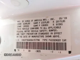 2009 Honda Accord LX-P with VIN 1HGCP26469A157796, listed as a IAAI auction lot 42270687 with 180,061 mi miles and . Bid and sale history available at DreamBid. Image 9.