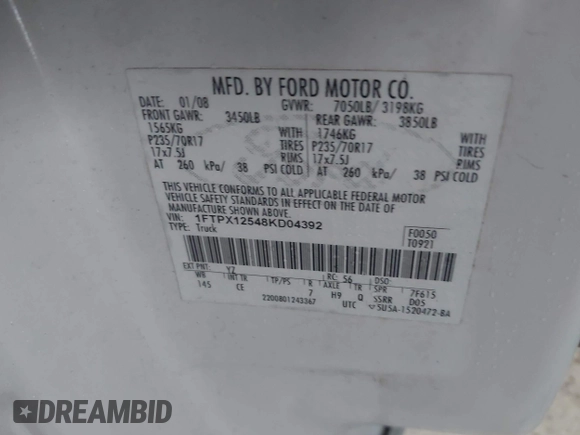 2008 Ford F-150 XL with VIN 1FTPX12548KD04392, listed as a IAAI auction lot 42692561 with 150,509 mi miles and . Bid and sale history available at DreamBid. Image 9.